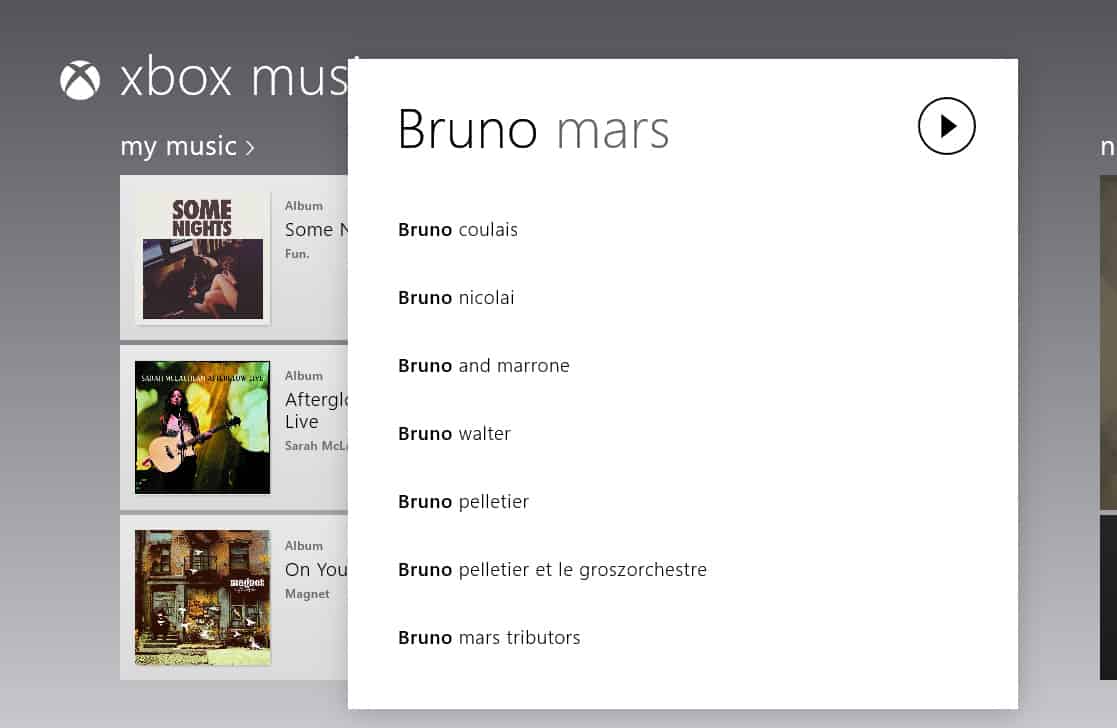 Searching on Xbox Music App for Windows 8