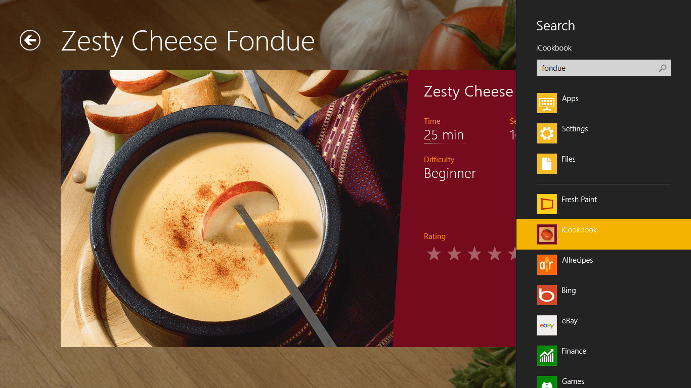 Searching for Fondue on iCookBook